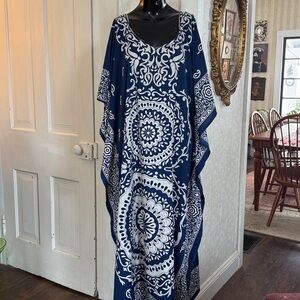 Sante Classics Tropical Vibrant Blue & White Maxi Kaftan Muumuu Dress One Size